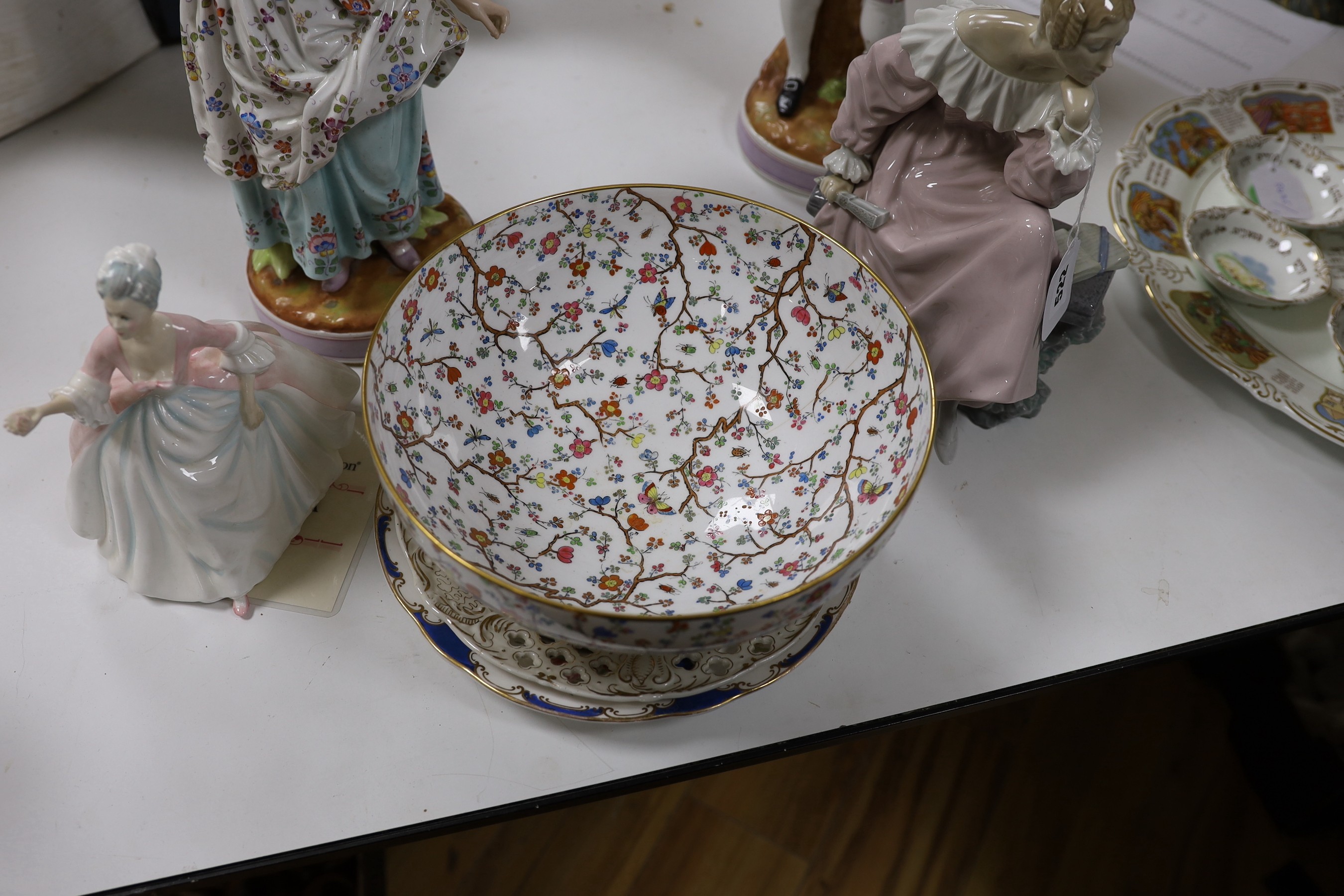 A pair of continental figurines, a Lladro figurine, Royal Doulton 'Diana' figurine, Spode bowl and two plates. Tallest 44cm